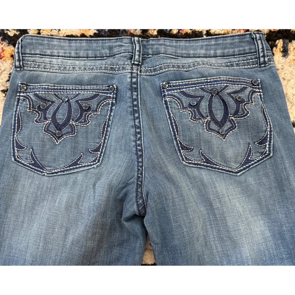 Rock 47 by Wrangler Womens Ultra Low Rise Bootcut Jeans Blue Embroidered 33x31 - Picture 2 of 9